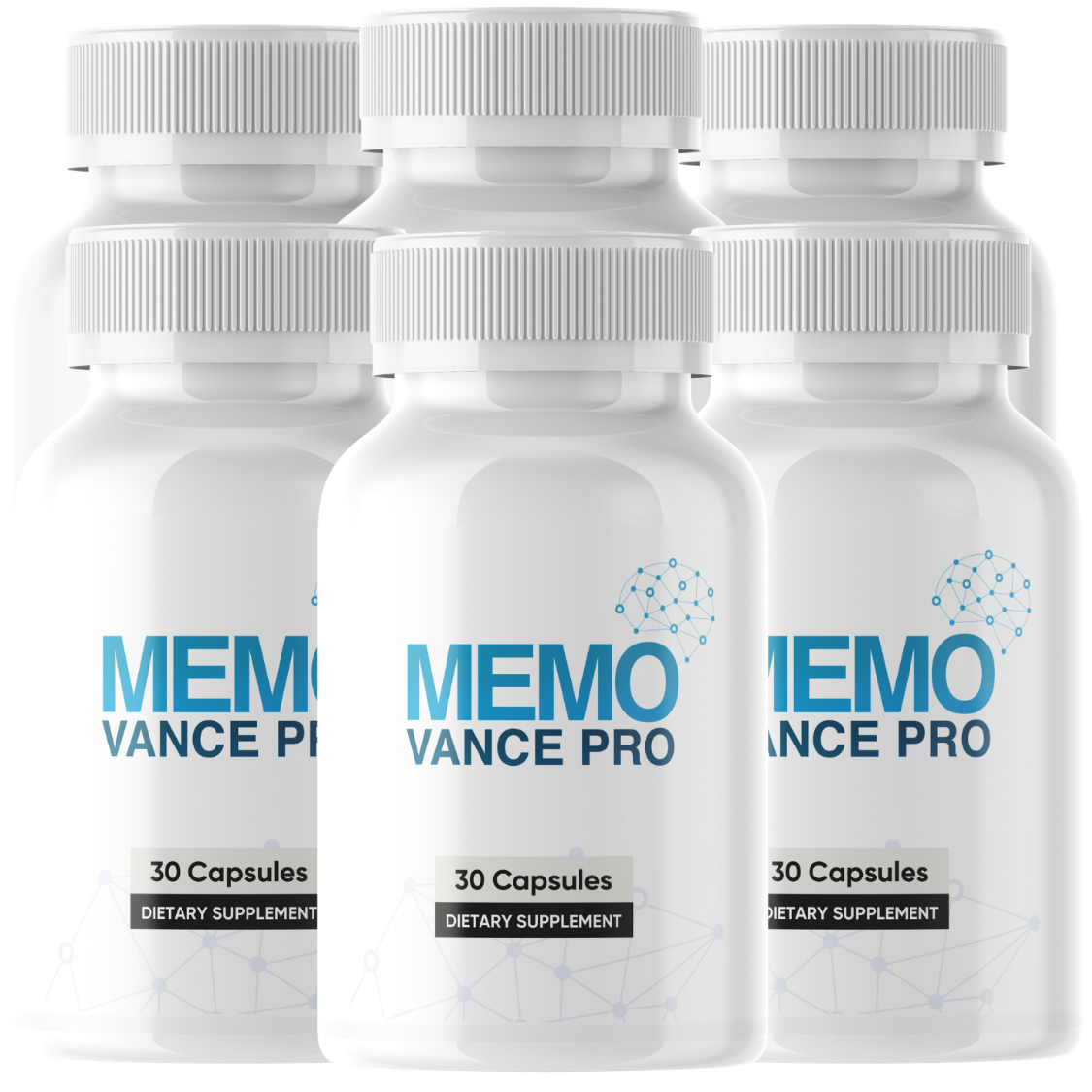 Six white Memo Vance Pro bottles with blue labels reading 30 Capsules and Dietary Supplement